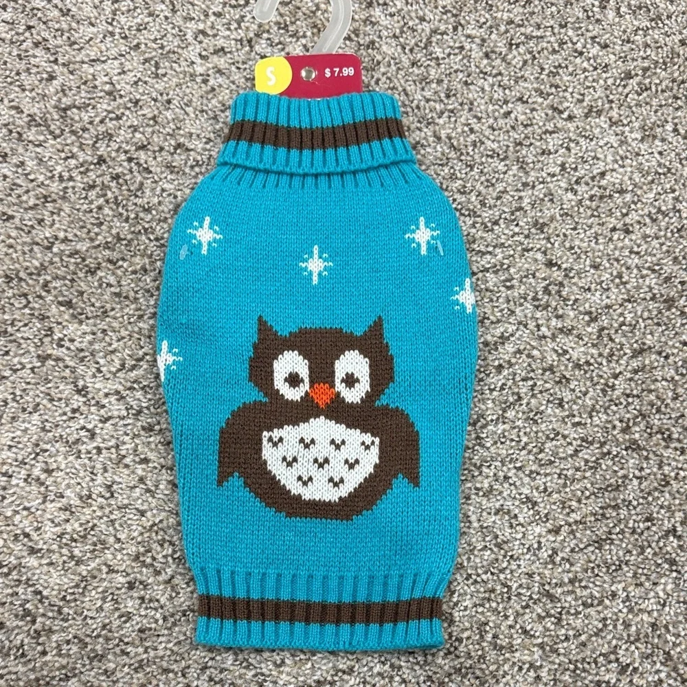 Top Paw Teal Owl Knit Dog Sweater with Brown Accents